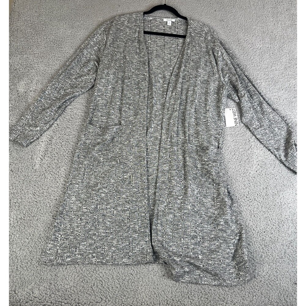 Nine West Cardigan Sweater Women XL Gray White Open Front Knit Duster 3/4 Sleeve